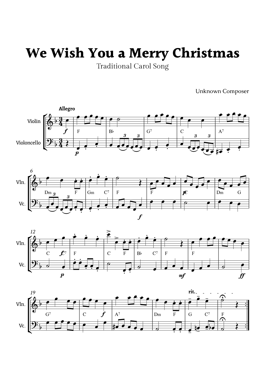 We Wish you a Merry Christmas for Violin and Cello Duet with Chords (arr. Rika K.)