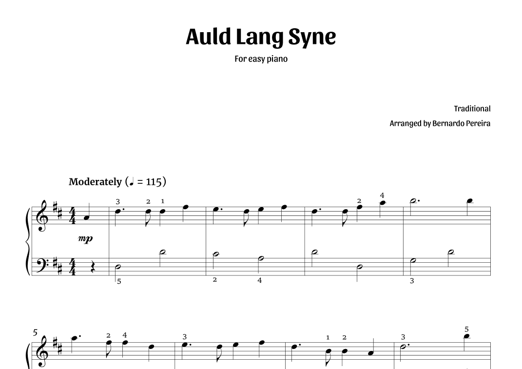 Auld Lang Syne (easy piano – D major) (arr. Bernardo Pereira)