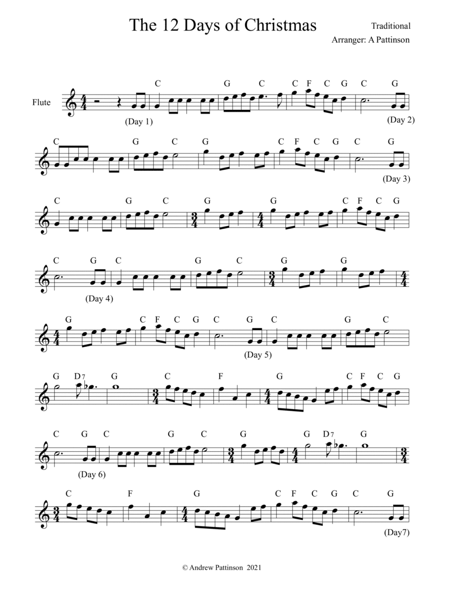 The 12 Days of Christmas for Flute with Chords (arr. Andrew Pattinson)