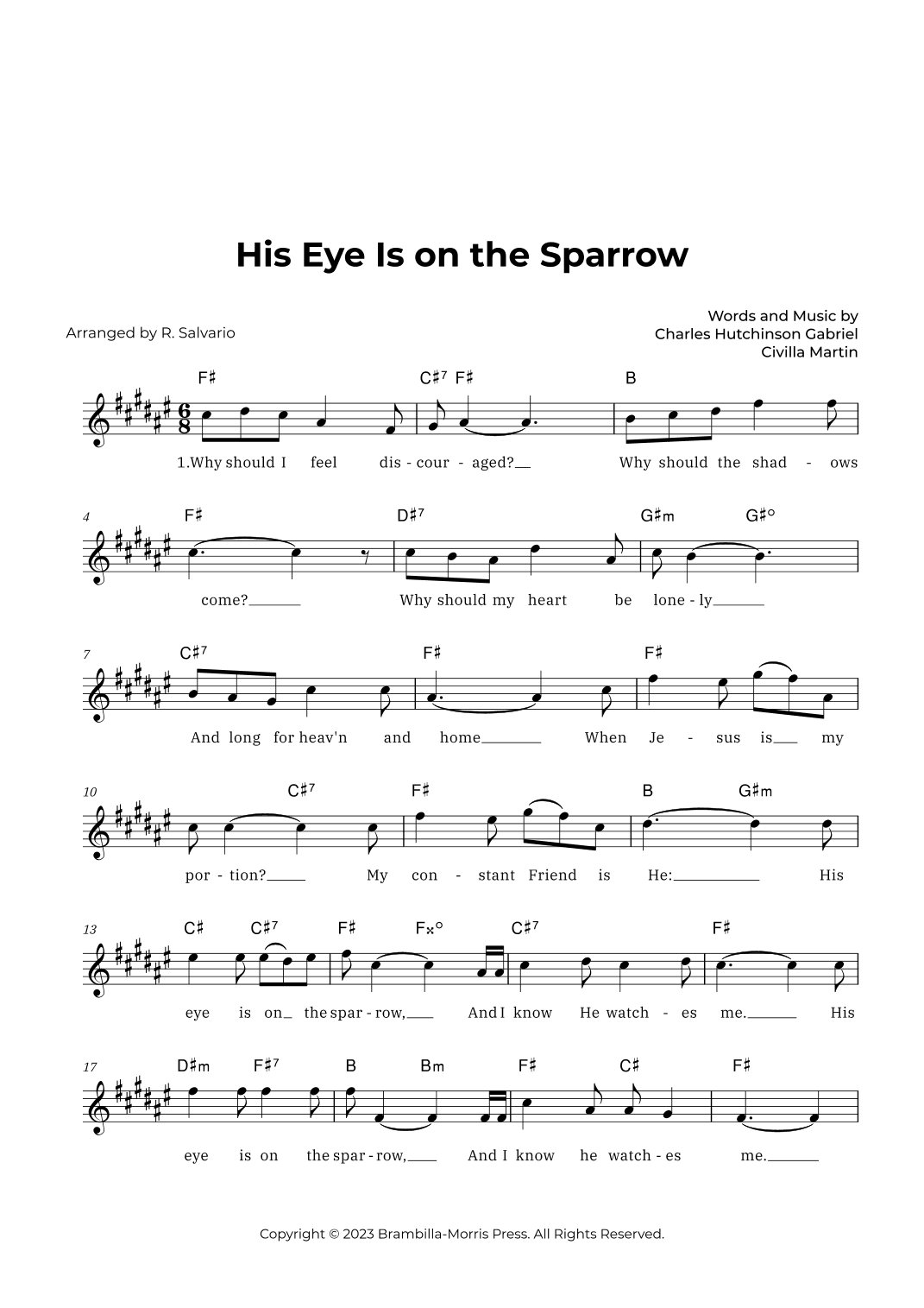 His Eye Is on the Sparrow (Key of F-Sharp Major) (arr. R. Salvario)