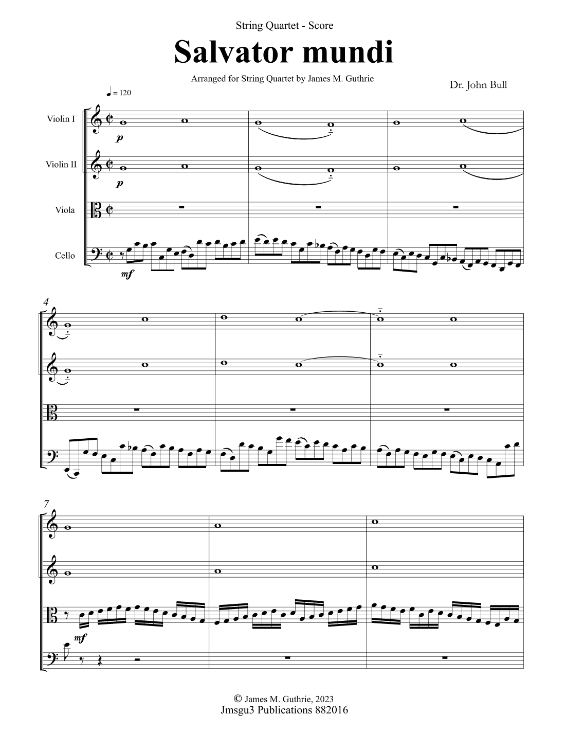 Bull: Salvator mundi for String Quartet - Score Only (arr. James M. Guthrie)