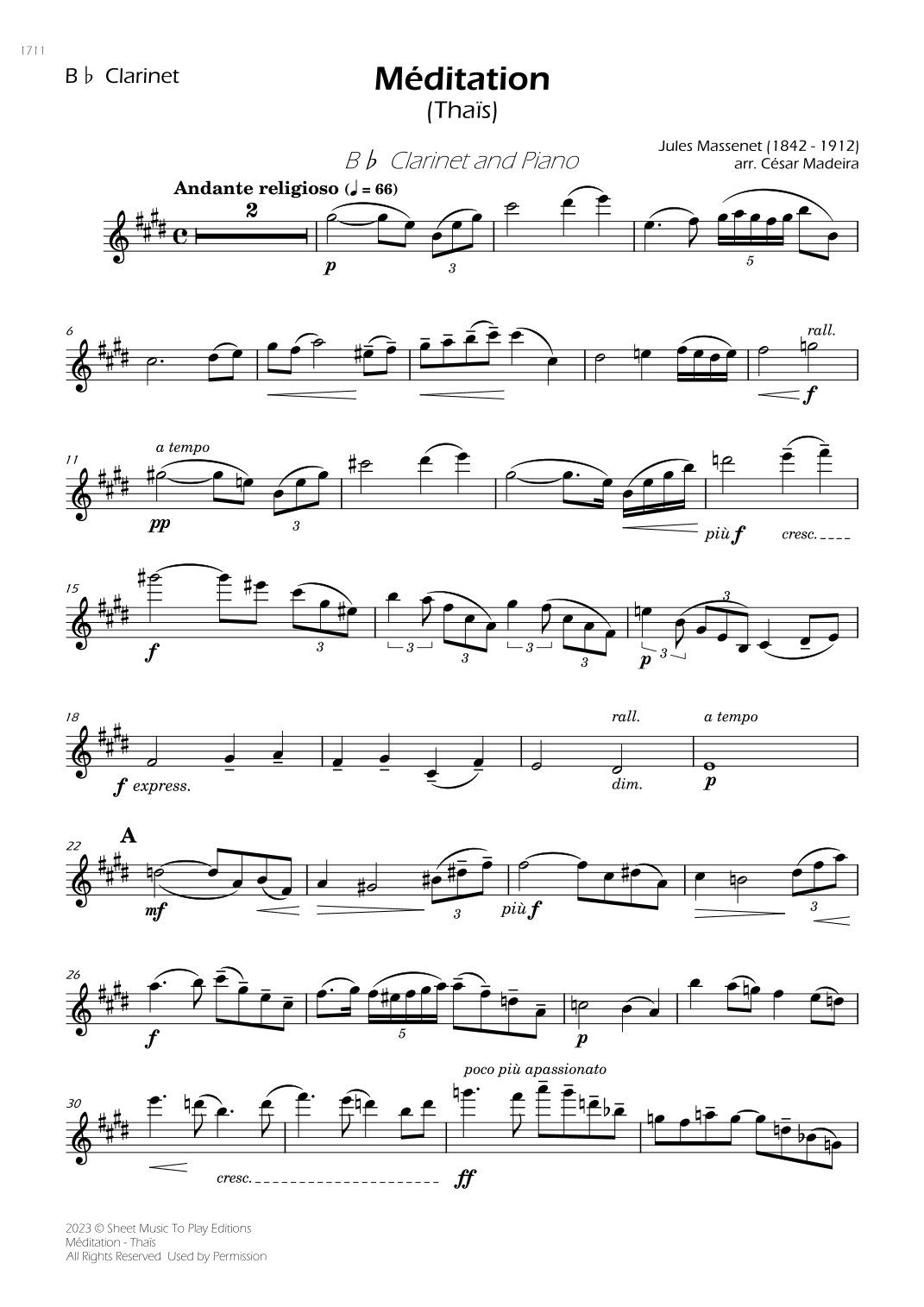 Meditation from Thais - Bb Clarinet and Piano (Individual Parts) (arr. César Madeira)