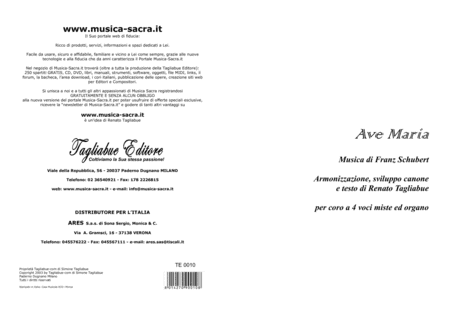 AVE MARIA by SCHUBERT - Arr. on Canon for Choir SATB - Italian Lyrics - Piano accomp. (arr. Renato Tagliabue)