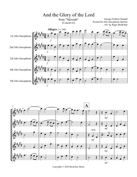 And the Glory of the Lord (from "Messiah") (G) (Alto Saxophone Quintet) (arr. Regis Bookshar)