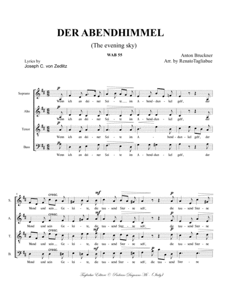 DER ABENDHIMMEL (The evening sky) - 1st. version - WAB 55 - Bruckner - Arr. for SATB Choir (arr. Renato Tagliabue)