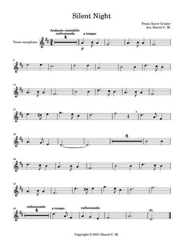 Silent Night for tenor saxophone and piano (easy) (arr. Daniel C. M.)