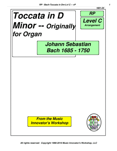Bach - Toccata in D Minor - Level C - Arr for Piano - (Key Map Tablature) (arr. John M. Honeycutt)