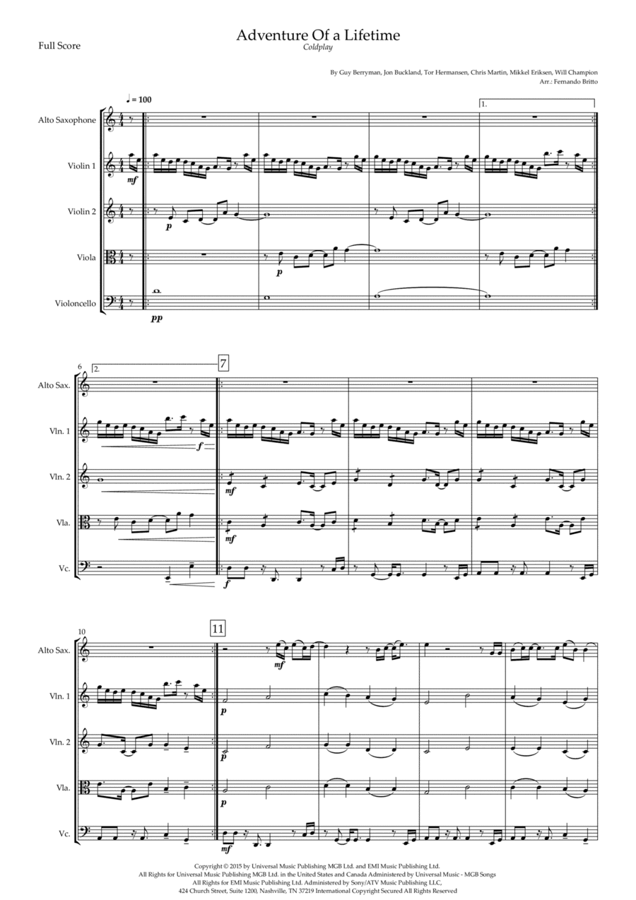 Adventure Of A Lifetime (arr. Fernando Britto)
