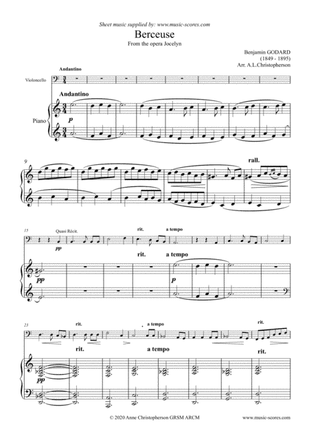 Berceuse from Jocelyn - Cello & Piano (arr. Anne L Christopherson GRSM ARCM)