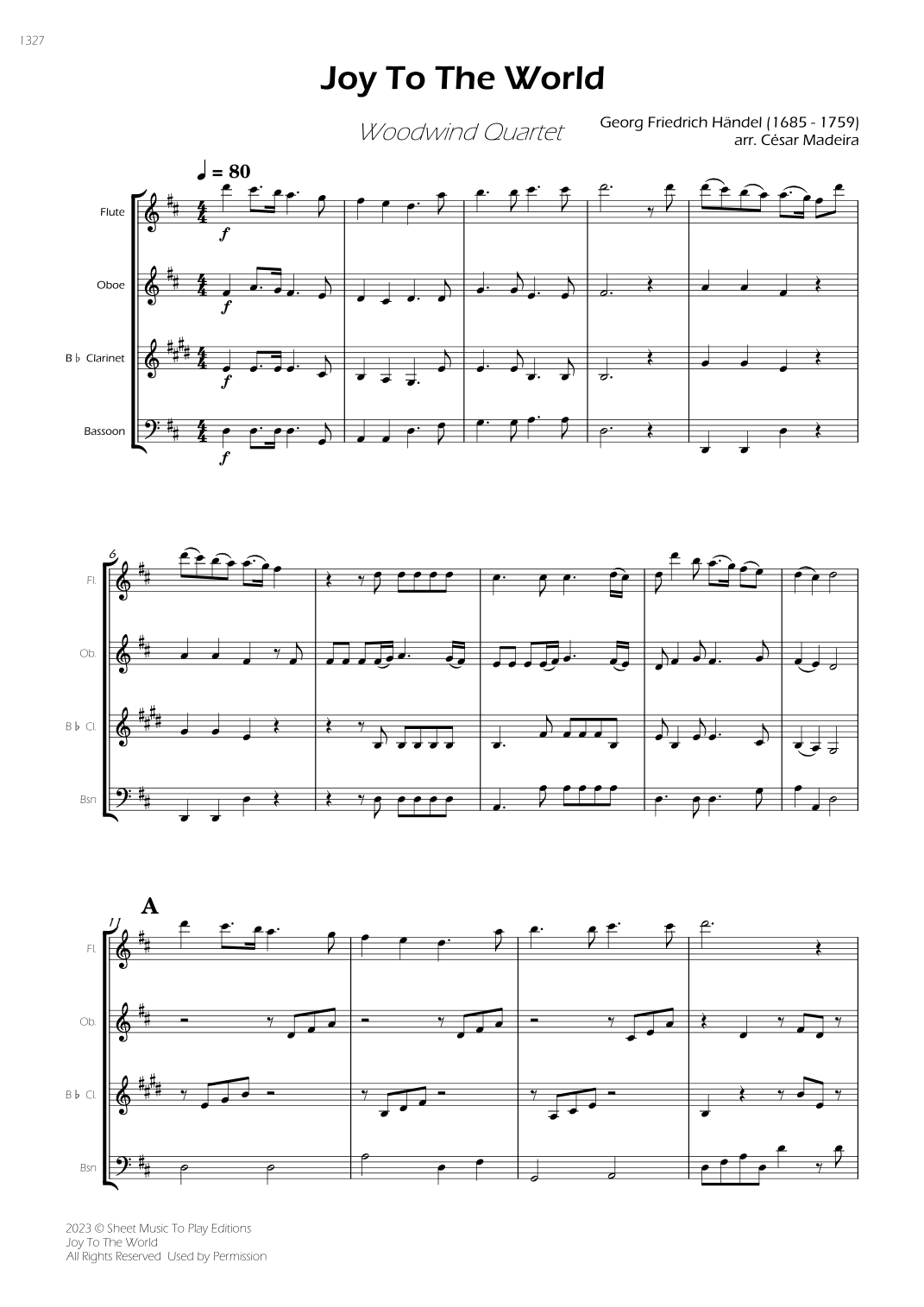 Joy To The World - Woodwind Quartet (Full Score) - Score Only (arr. César Madeira)