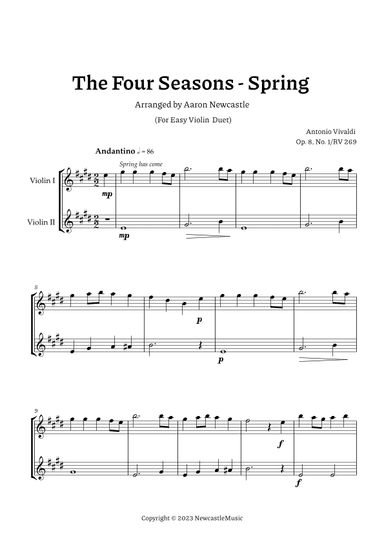 Vivaldi, Spring (The Four Seasons) — For Easy Violin Duet. Score and Parts. (arr. Aaron Newcastle)