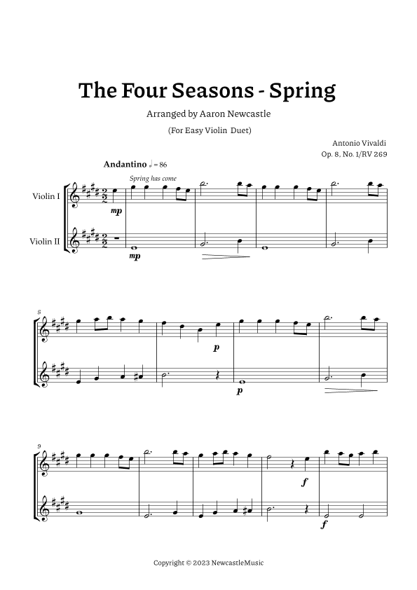 Vivaldi, Spring (The Four Seasons) — For Easy Violin Duet. Score and Parts. (arr. Aaron Newcastle)
