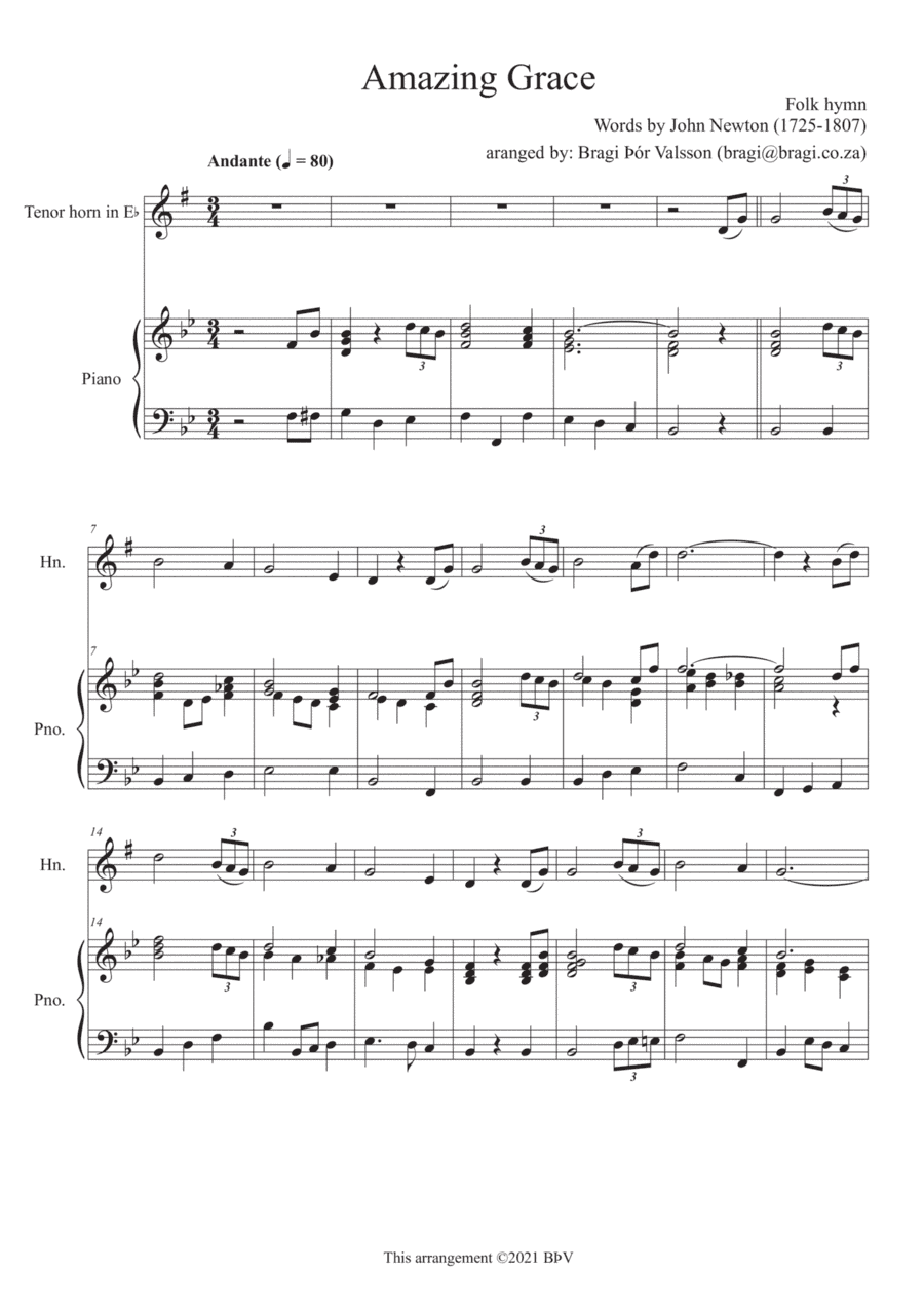 Amazing Grace - Tenor horn with piano accompaniment (arr. Bragi Thor Valsson)