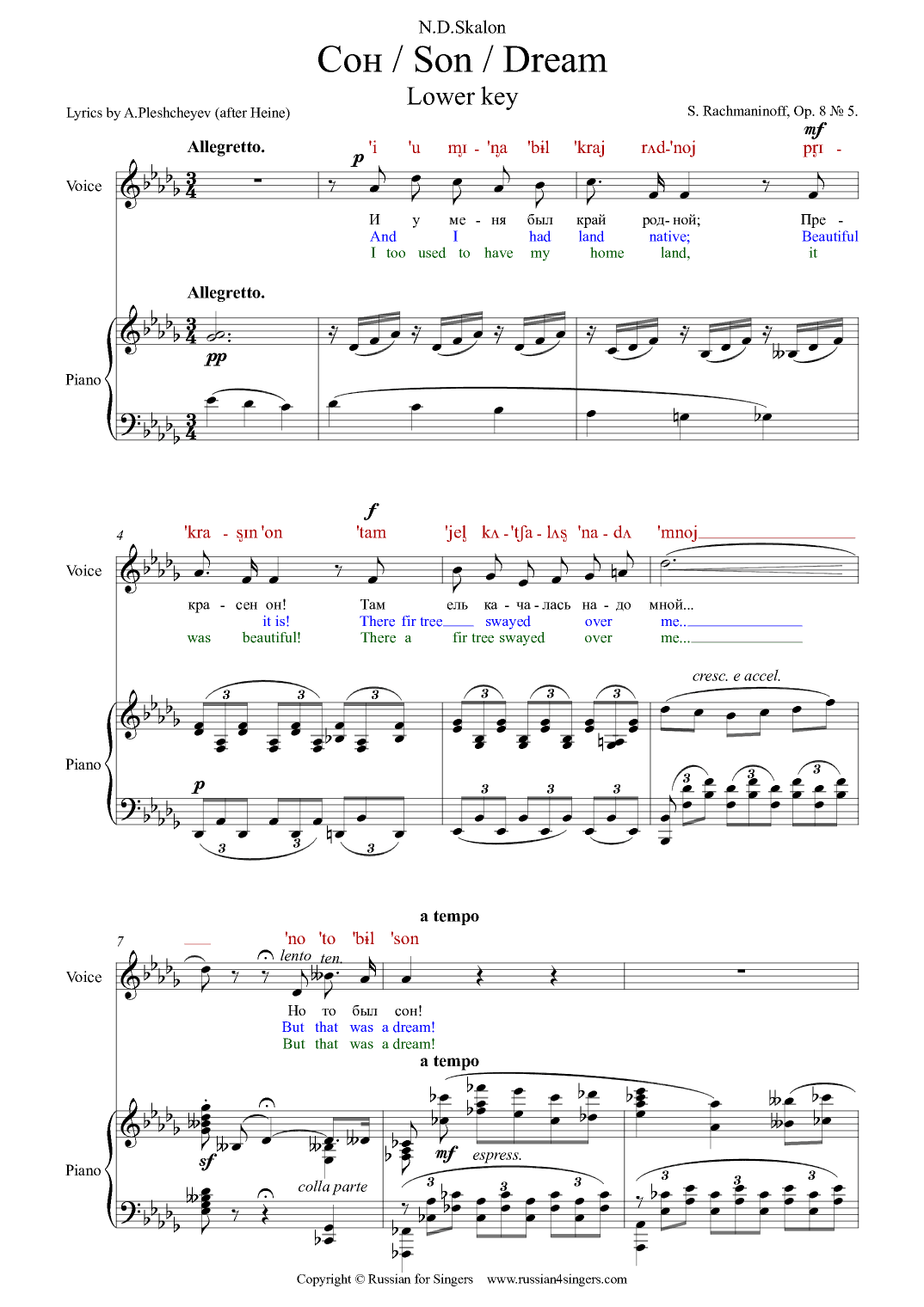 "Dream" Op.8 N5 Lower Key. DICTION SCORE with IPA and translation (arr. Russian for Singers)