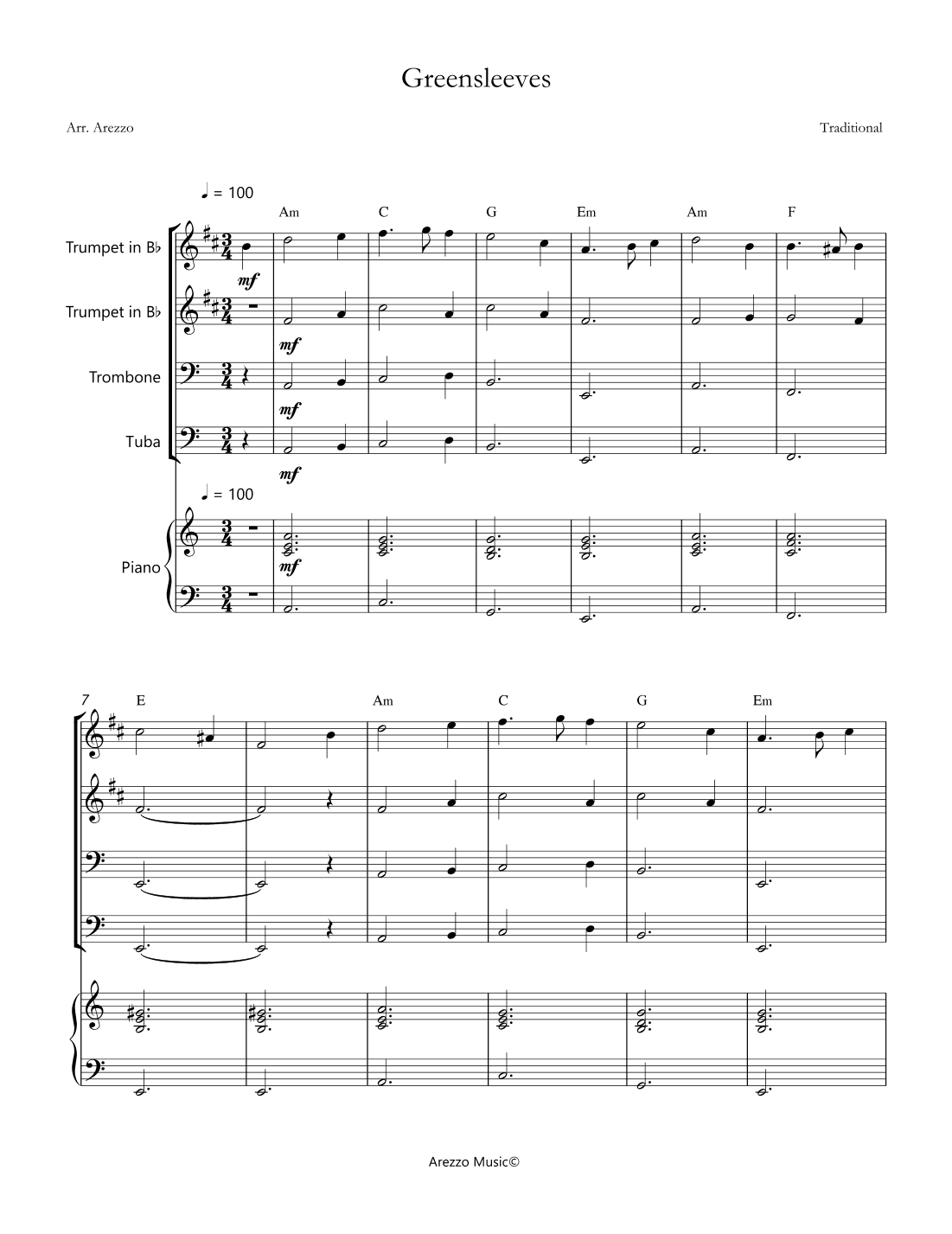 greensleeves brass quartet with piano sheet music chord symbols (arr. Arezzo Music)