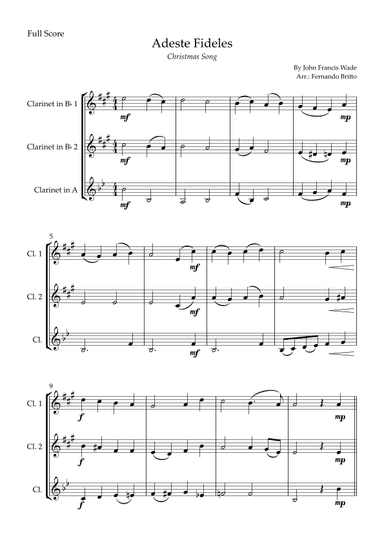 Adeste Fideles (Christmas Song) for Clarinet Trio (arr. Fernando Britto)