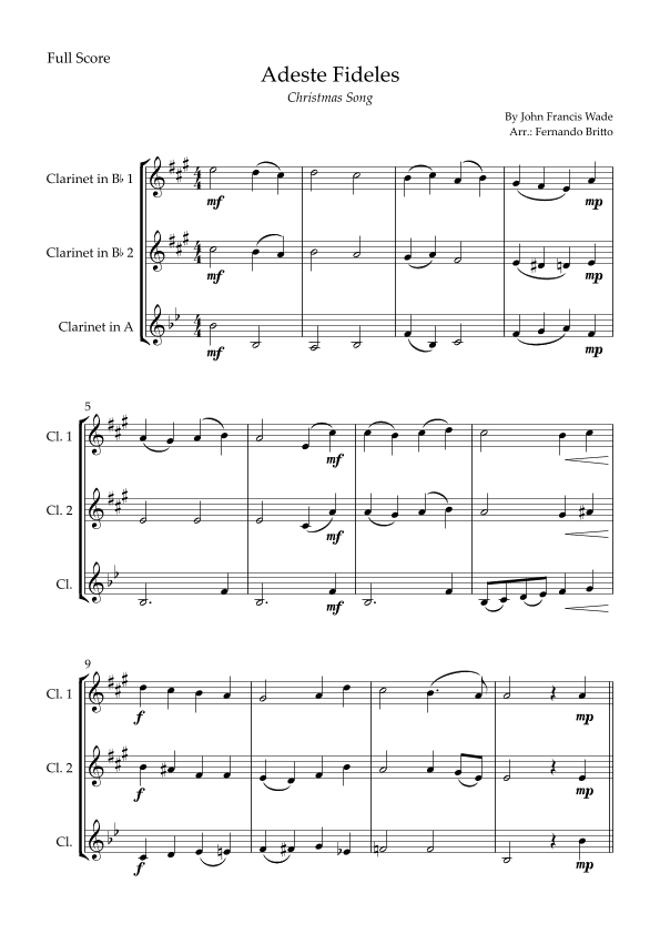 Adeste Fideles (Christmas Song) for Clarinet Trio (arr. Fernando Britto)