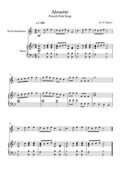 Alouette, French Folk Song, For Tenor Saxophone & Piano (arr. Eugene Egorov)