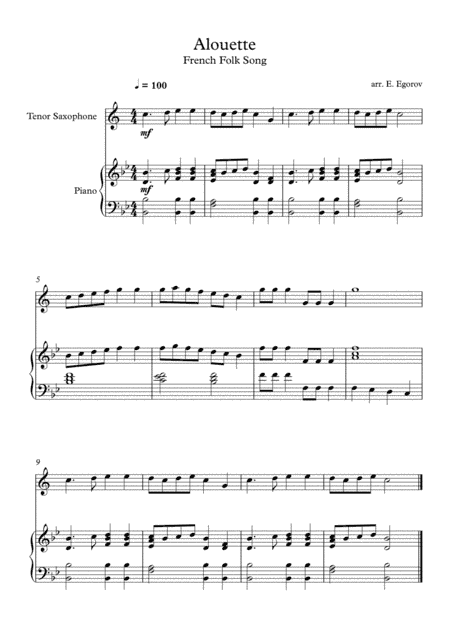 Alouette, French Folk Song, For Tenor Saxophone & Piano (arr. Eugene Egorov)