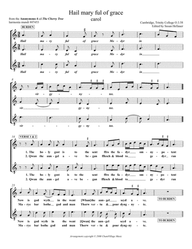 Carol: Hail Mary ful of grace, from Anonymous 4: "The Cherry Tree" - Score Only (arr. Susan Hellauer)