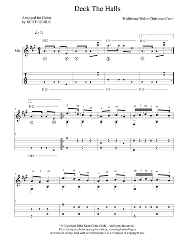 "Deck the Halls" for solo classical fingerstyle guitar (+ TAB) (arr. Keith W. Gehle)