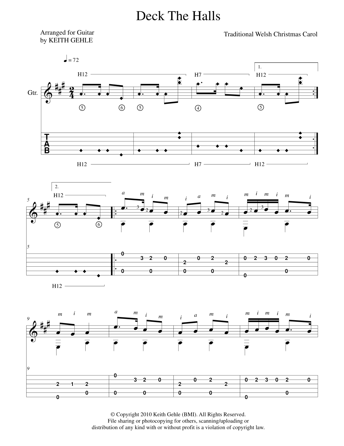 "Deck the Halls" for solo classical fingerstyle guitar (+ TAB) (arr. Keith W. Gehle)