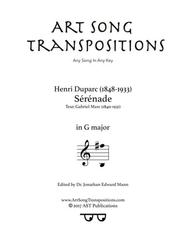 DUPARC: Sérénade (transposed to G major) (arr. ArtSongTranspositions.com)