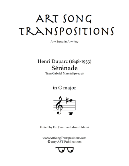 DUPARC: Sérénade (transposed to G major) (arr. ArtSongTranspositions.com)