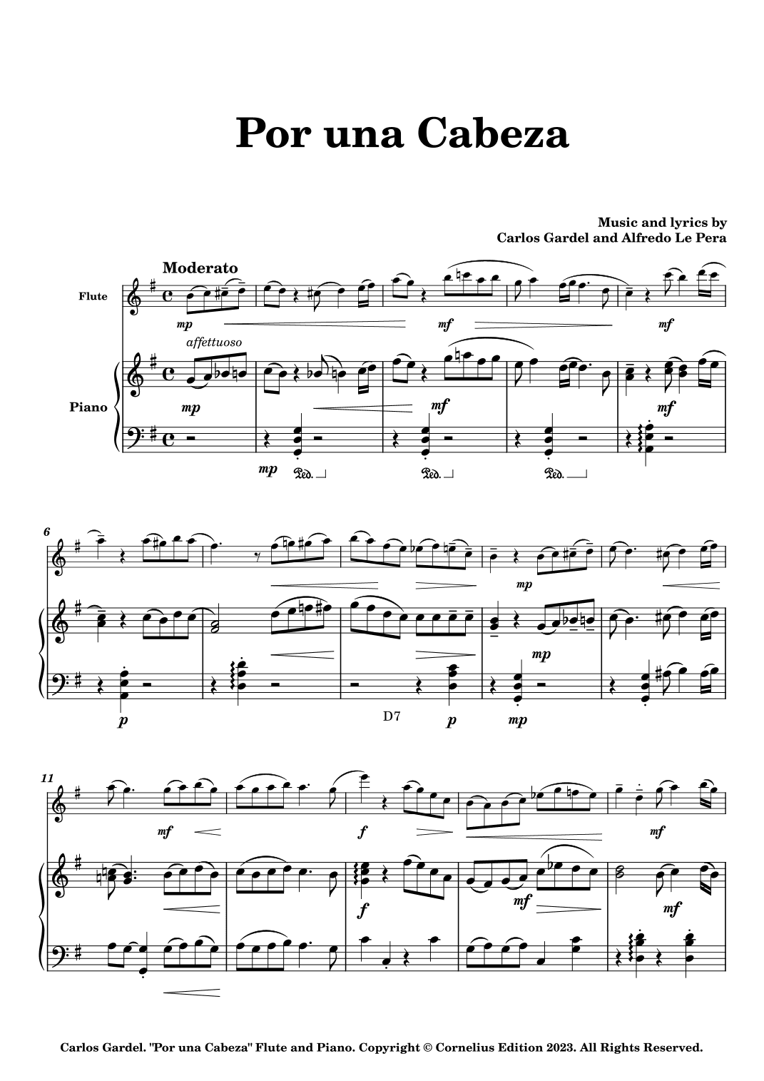 "Por una Cabeza" Calos Gardel. Latin America Argentinian Tango Duet Ensemble. Flute and Piano. . (arr. Glenn Martin)