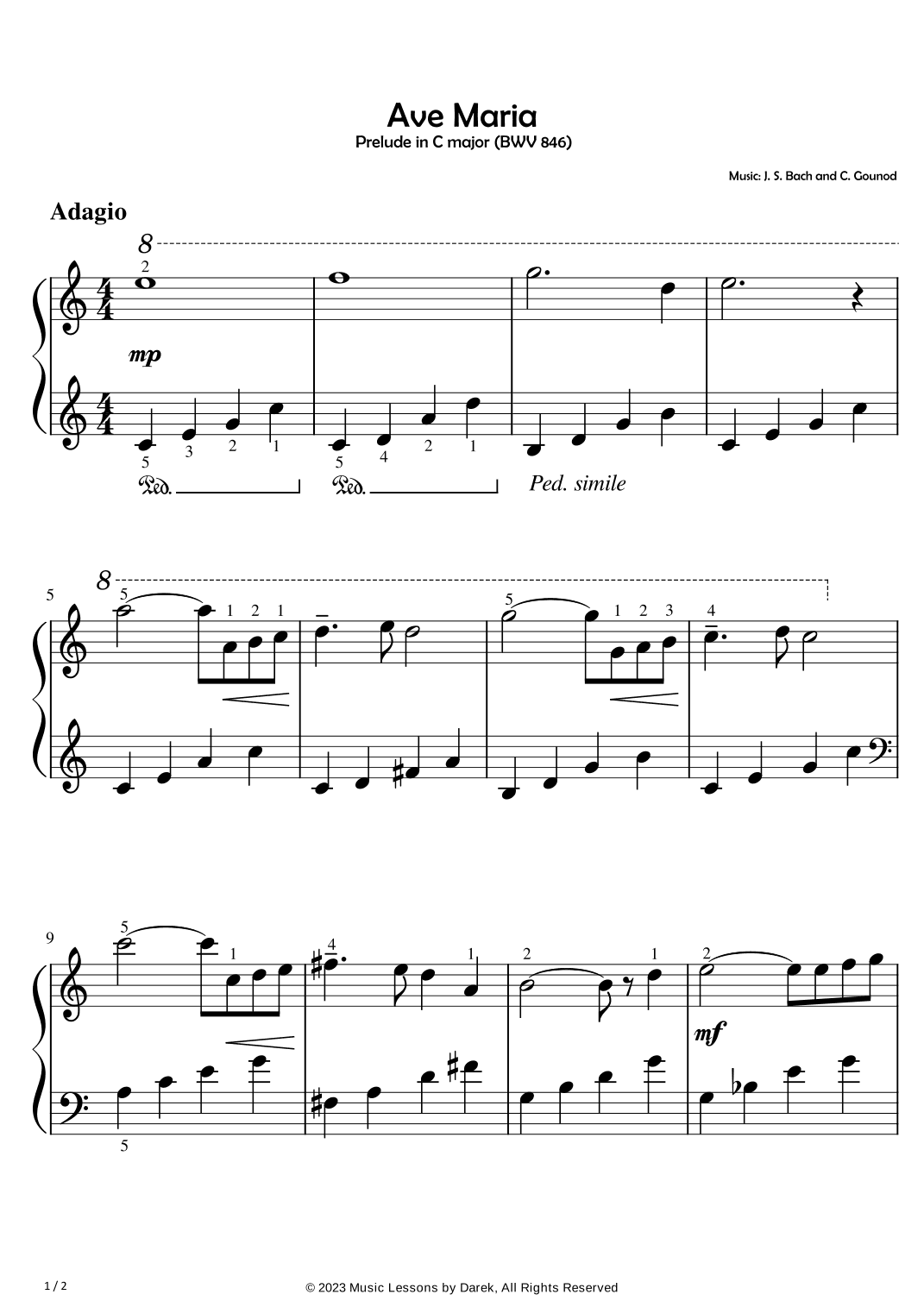 Ave Maria (EASY PIANO) Prelude in C major (BWV 846) [J. S. Bach and C. Gounod] (arr. Darek)