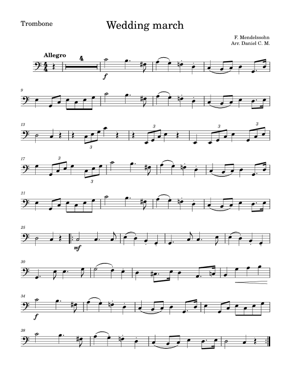 Wedding march by Mendelssohn for trombone (easy) (arr. Daniel C. M.)