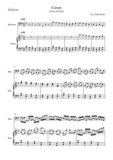 Canon - Johann Pachelbel (Wedding/Reduced Version) for Bassoon Solo and Piano Accompaniment (arr. Fabio Britto)