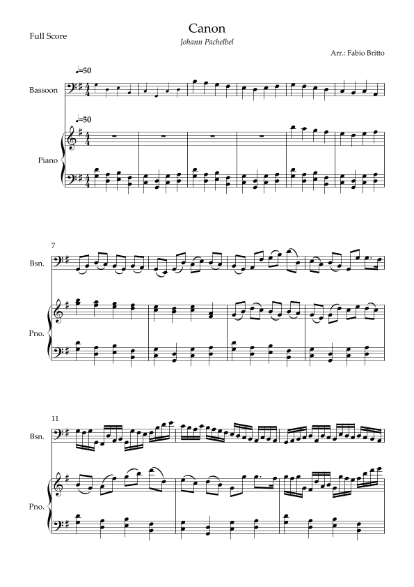 Canon - Johann Pachelbel (Wedding/Reduced Version) for Bassoon Solo and Piano Accompaniment (arr. Fabio Britto)