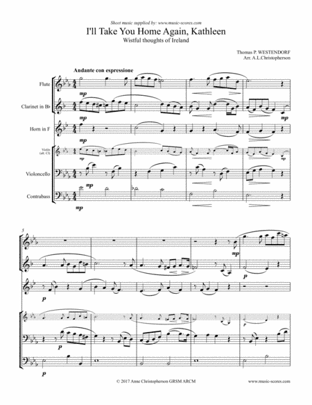 I Will Take you Home Kathleen - Flute, Clarinet or Violin, French Horn, Cello and Contrabass (arr. Anne Christopherson GRSM ARCM)