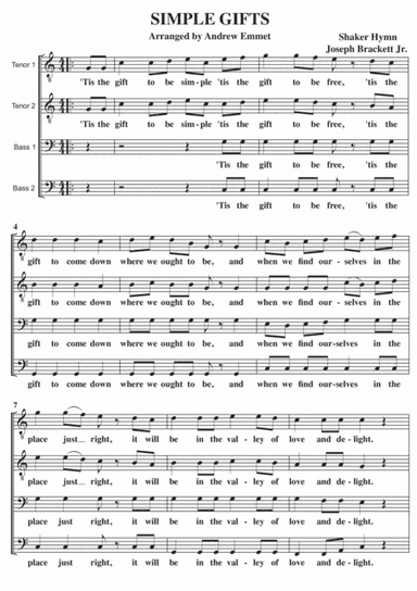 Simple Gifts A Cappella TTBB (arr. Andrew Emmet)