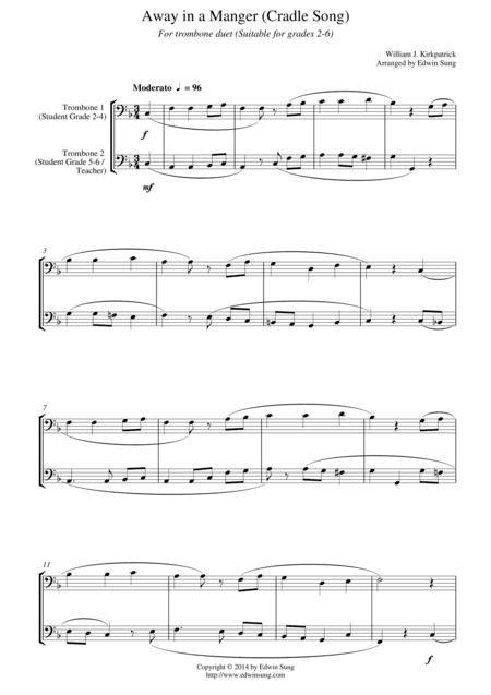 Away in a Manger (Cradle Song) (for trombone duet, suitable for grades 2-6) (arr. Edwin Sung)