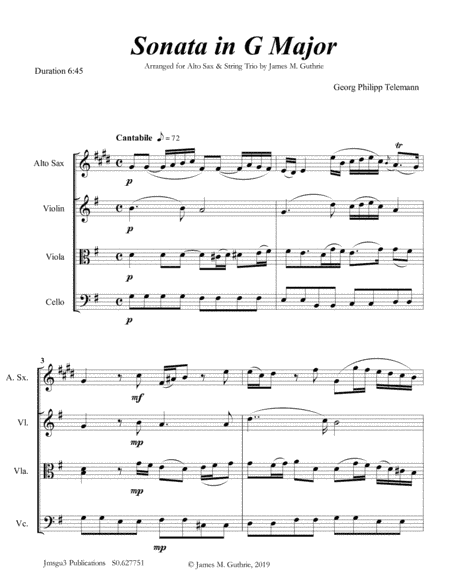 Telemann: Sonata in G Major for Alto Sax & String Trio (arr. James M. Guthrie, ASCAP)