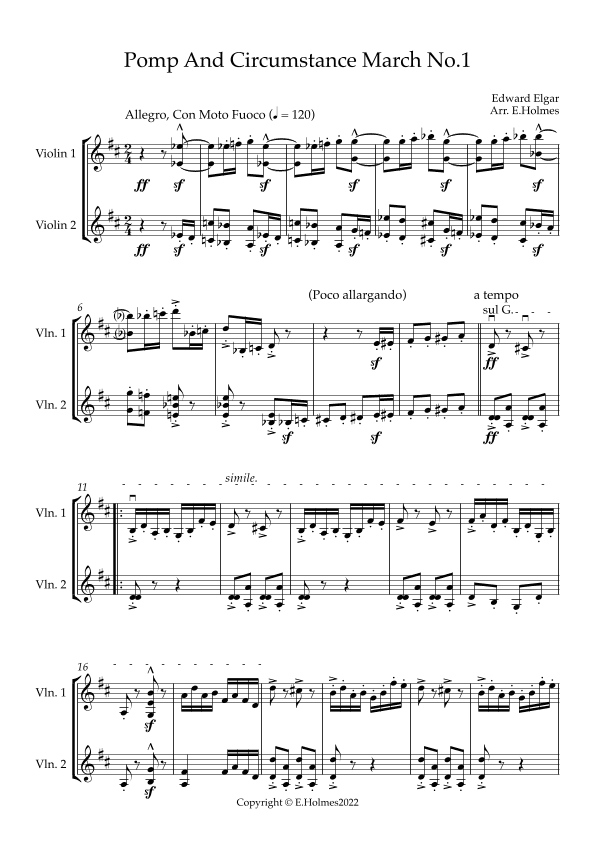 Pomp and Circumstance March No.1 For Two Violins (arr. Edward Holmes)