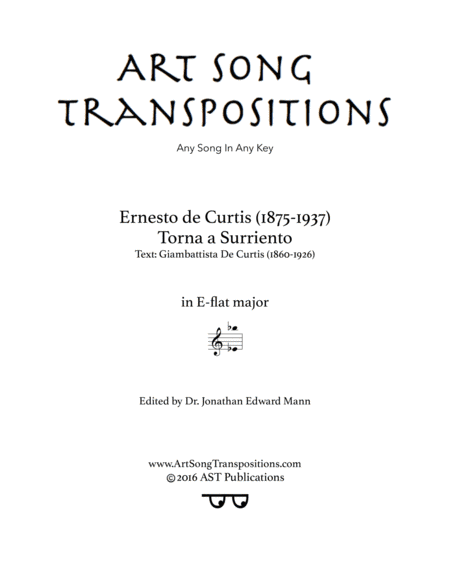 DE CURTIS: Torna a Surriento (transposed to E-flat major) (arr. ArtSongTranspositions.com)
