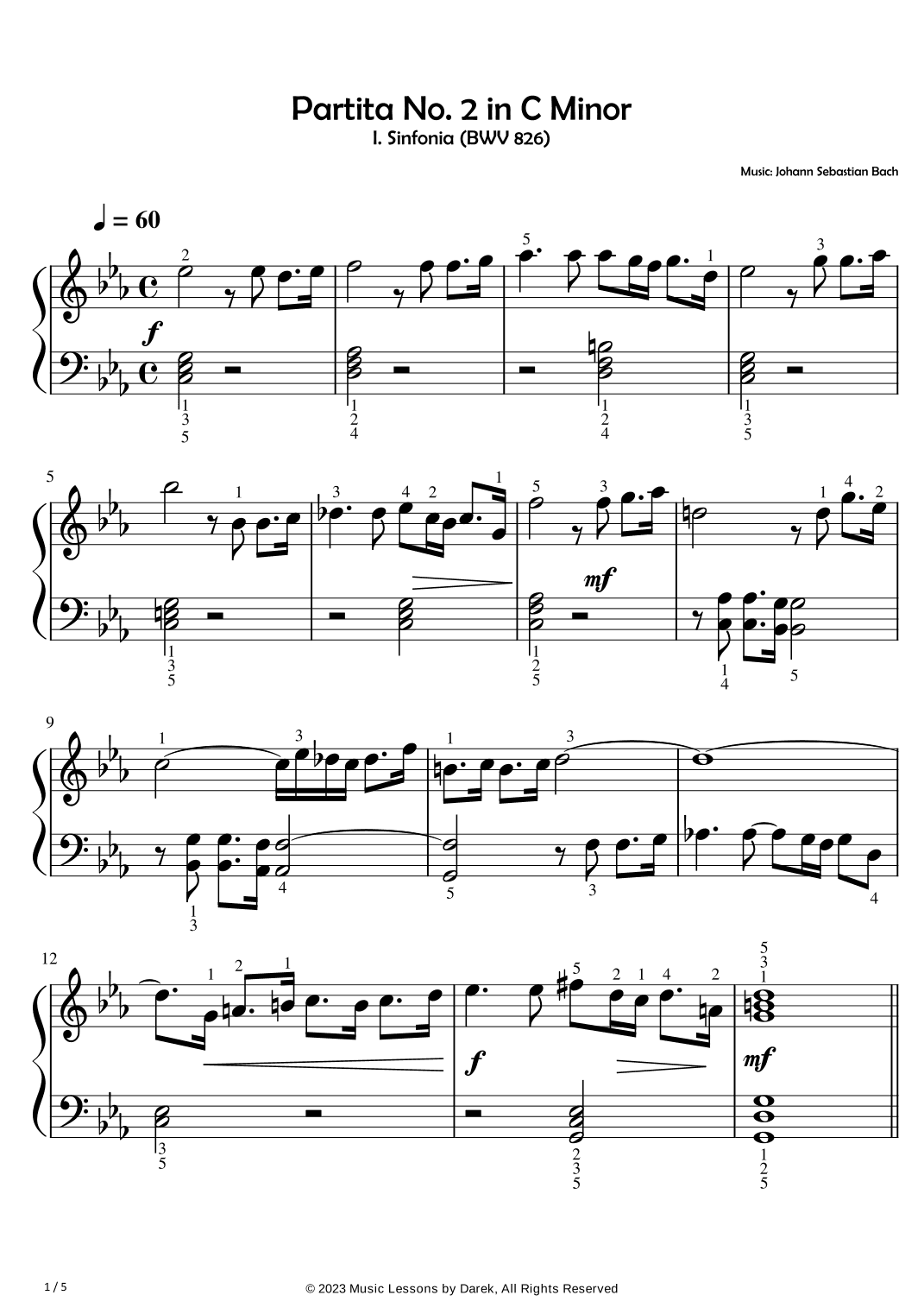 Partita No. 2 in C Minor (EASY PIANO) I. Sinfonia (BWV 826) [Johann Sebastian Bach] (arr. Darek)