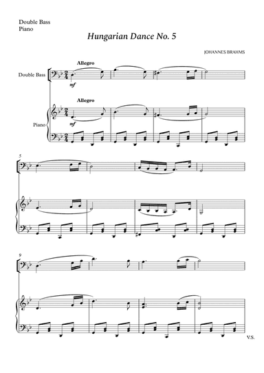 Hungarian Dance No. 5 for Double Bass and Piano (arr. Cássio Silva Chaves)