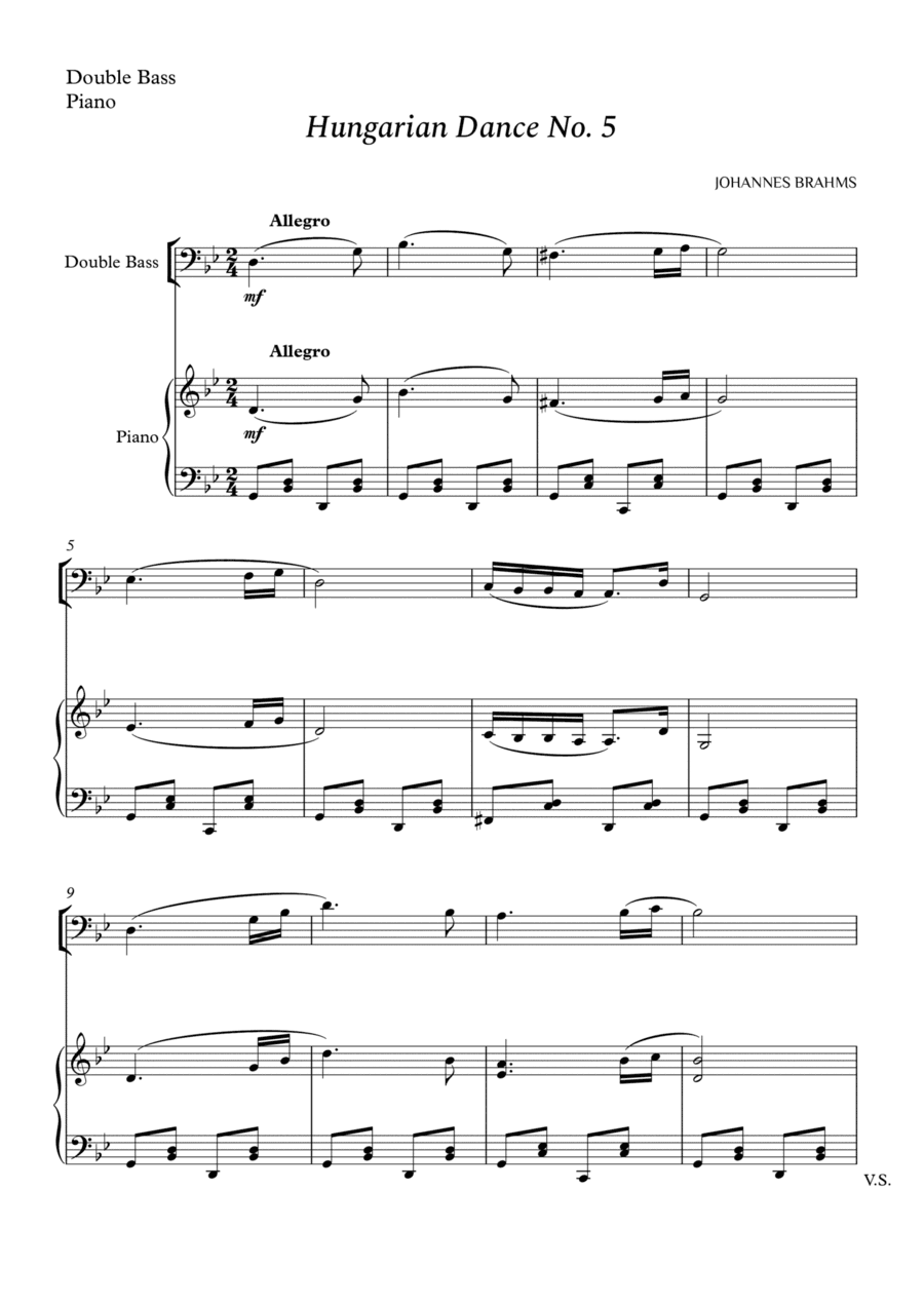 Hungarian Dance No. 5 for Double Bass and Piano (arr. Cássio Silva Chaves)