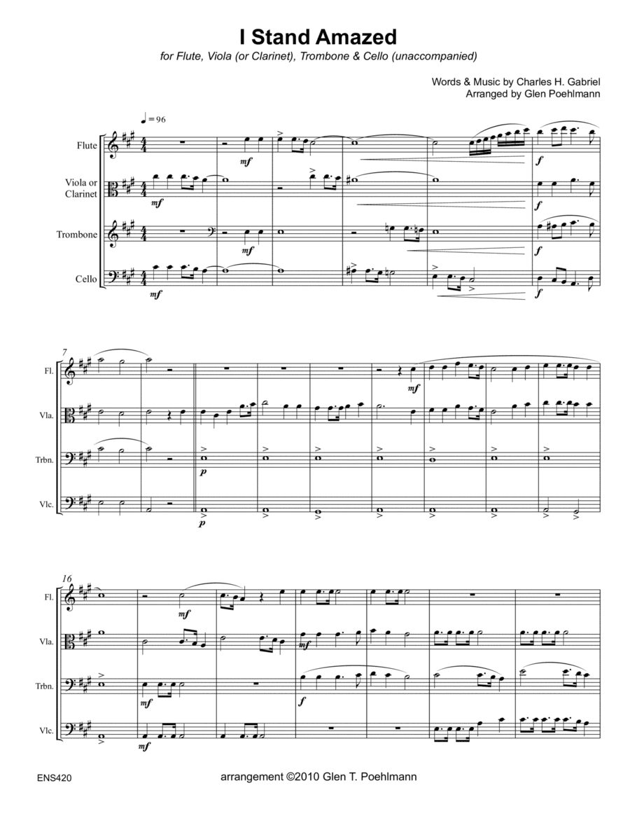 I STAND AMAZED (My Savior's Love) - Mixed Quartet of Flute, Viola (or Clarinet), Trombone & Cello (u (arr. Glen Poehlmann)