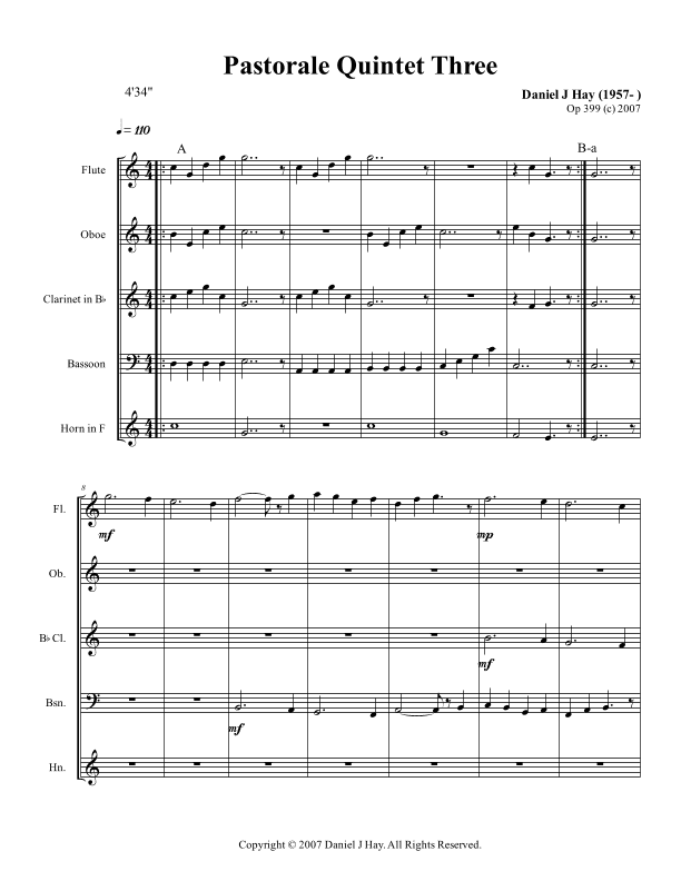 Pastorale Quintet Three (Opus 399) - Score Only