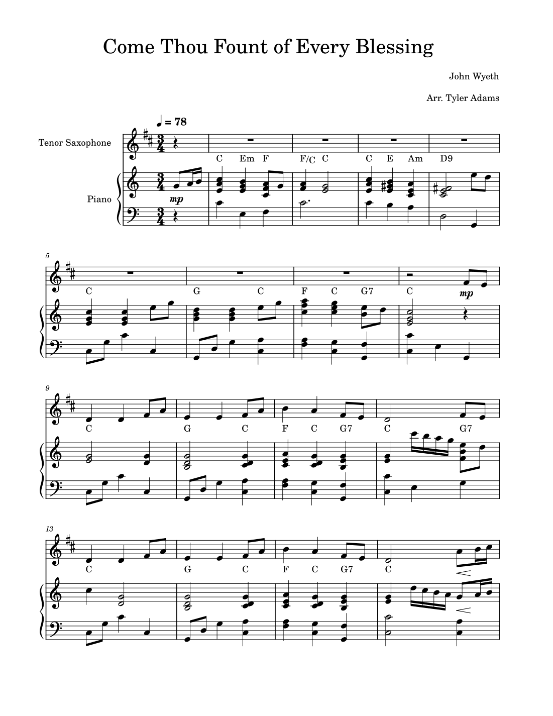 Come Thou Fount of Every Blessing (Tenor Sax Solo with Piano) (arr. Tyler Adams)