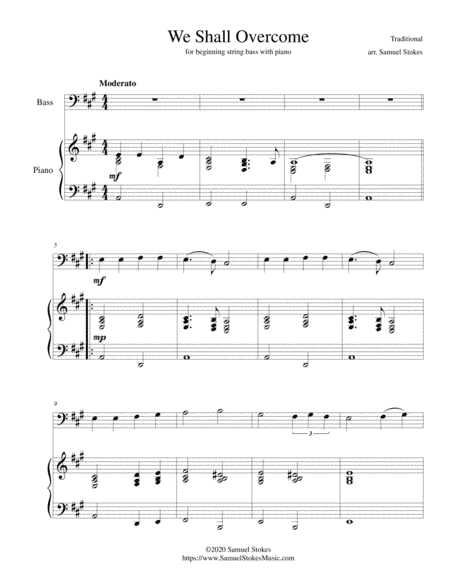 We Shall Overcome - for beginning string bass with optional piano accompaniment (arr. Samuel Stokes)