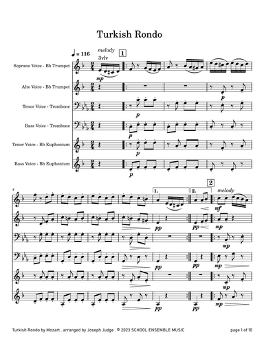 Turkish Rondo by Mozart for Brass Quartet in Schools (arr. Joseph Judge)