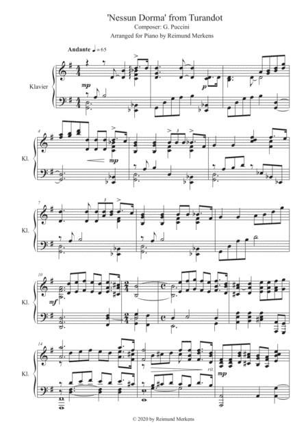Nessun Dorma (Aria from opera 'Turandot' by G. Puccinni) (arr. Reimund Merkens - Pianist and Arranger)