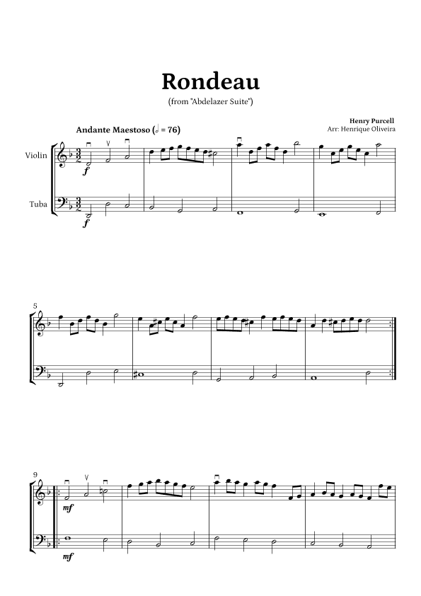 Rondeau from "Abdelazer Suite" by Henry Purcell - For Violin and Tuba (arr. Henrique Oliveira)