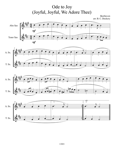 Ode to Joy (Joyful, Joyful, We Adore Thee) for alto and tenor sax duet (arr. B. C. Dockery)
